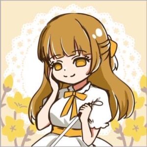 アニメ風のキャラクターイラスト。茶色の長い髪を持つ少女が白いドレスを着ており、黄色いリボンがアクセントになっている。彼女は微笑みながら片手を頬に当て、もう一方の手には白い杖を持っている。背景には黄色い花が描かれている